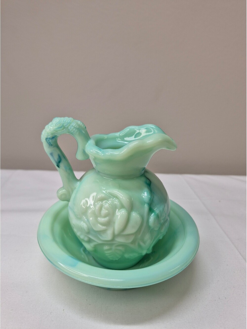 Vintage Avon Jade Green Floral Embossed Glass Pitcher with Matching Bowl J12